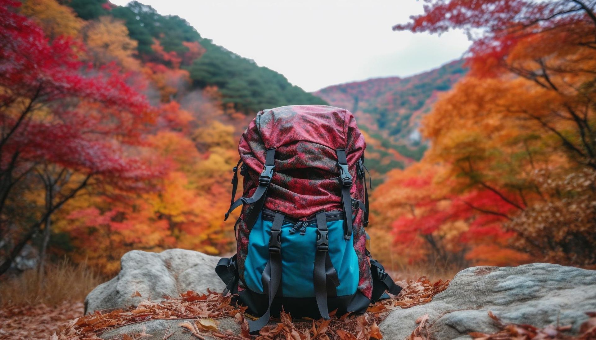 A backpack is sitting on a rock in the middle of a forest.