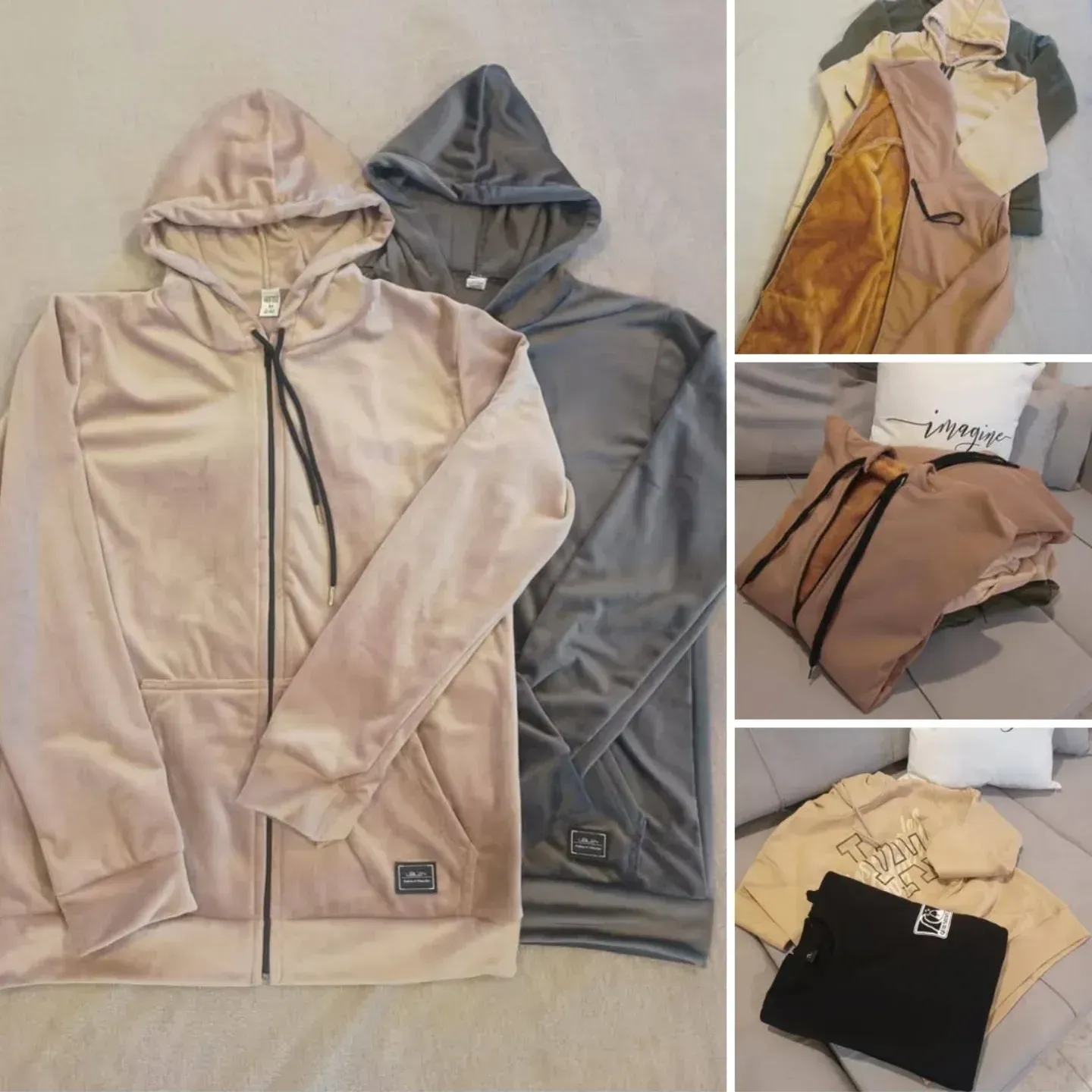 Dos sudaderas con capucha de terciopelo con cremallera en color tostado y gris