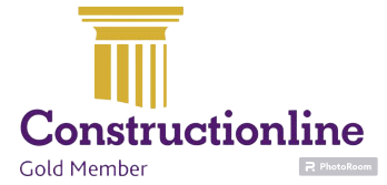 Constructionline Gold Member certification logo featuring gold classical column design, indicating verified accreditation.