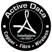 Active Data Installations company logo - circular black emblem featuring network cable symbol with blue endpoints.