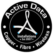 Active Data Installations company logo - circular black emblem featuring network cable symbol with blue endpoints.