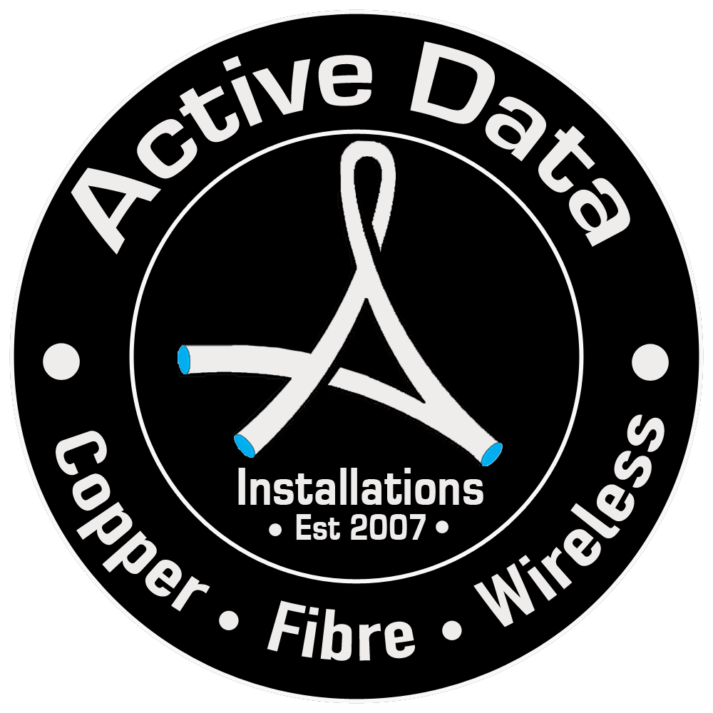 Active Data Installations company logo - circular black emblem featuring network cable symbol with blue endpoints.