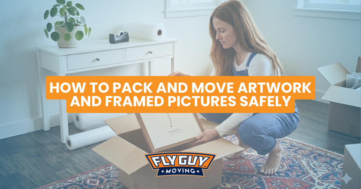 Woman packing a box with artwork and framed pictures. A moving instruction title overlay.