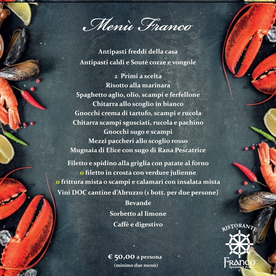Un menù per un ristorante che include aragoste e altri frutti di mare.