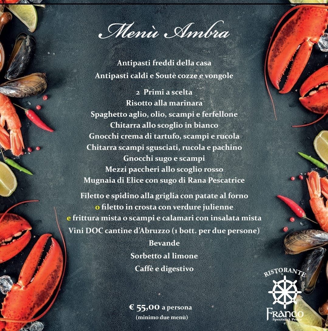 Un menù con aragoste, cozze e limoni su sfondo nero.