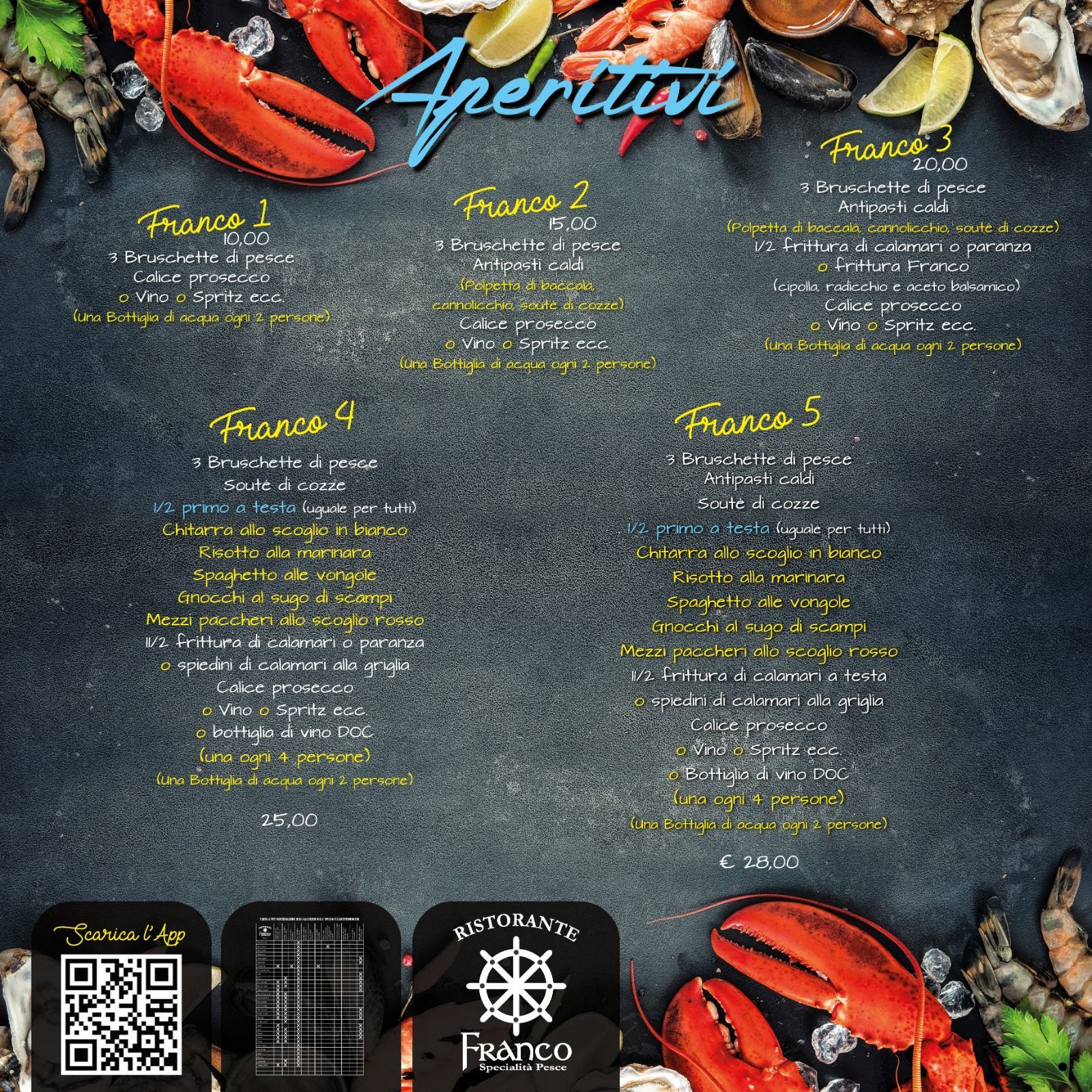 Menù di pesce con piatti elencati: aragosta, gamberi e lime su sfondo scuro.