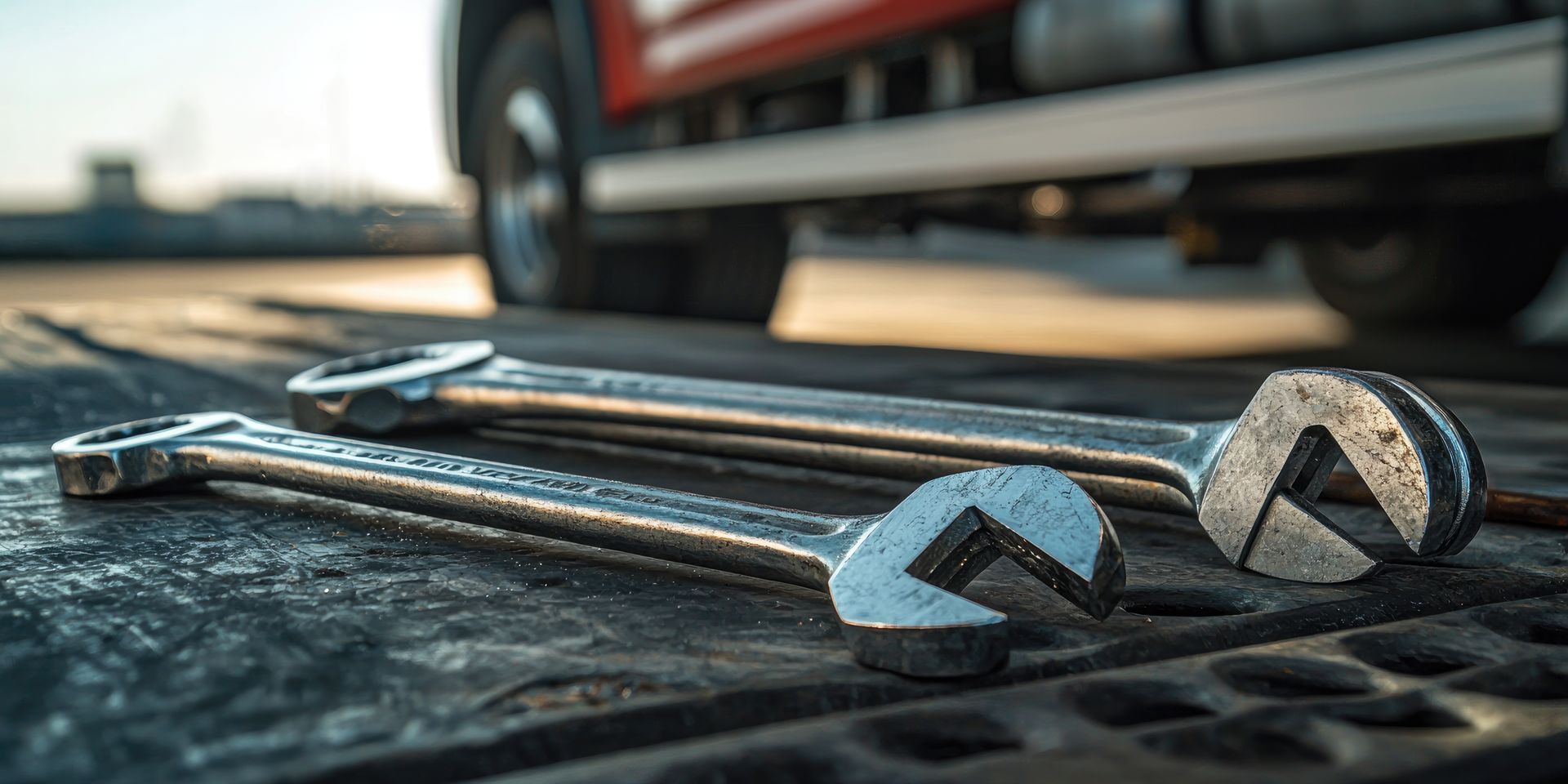 Professional wrenches on a service deck for truck repair and maintenance and diagnostics.