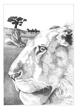 A black and white drawing of a lioness with a tree in the background.