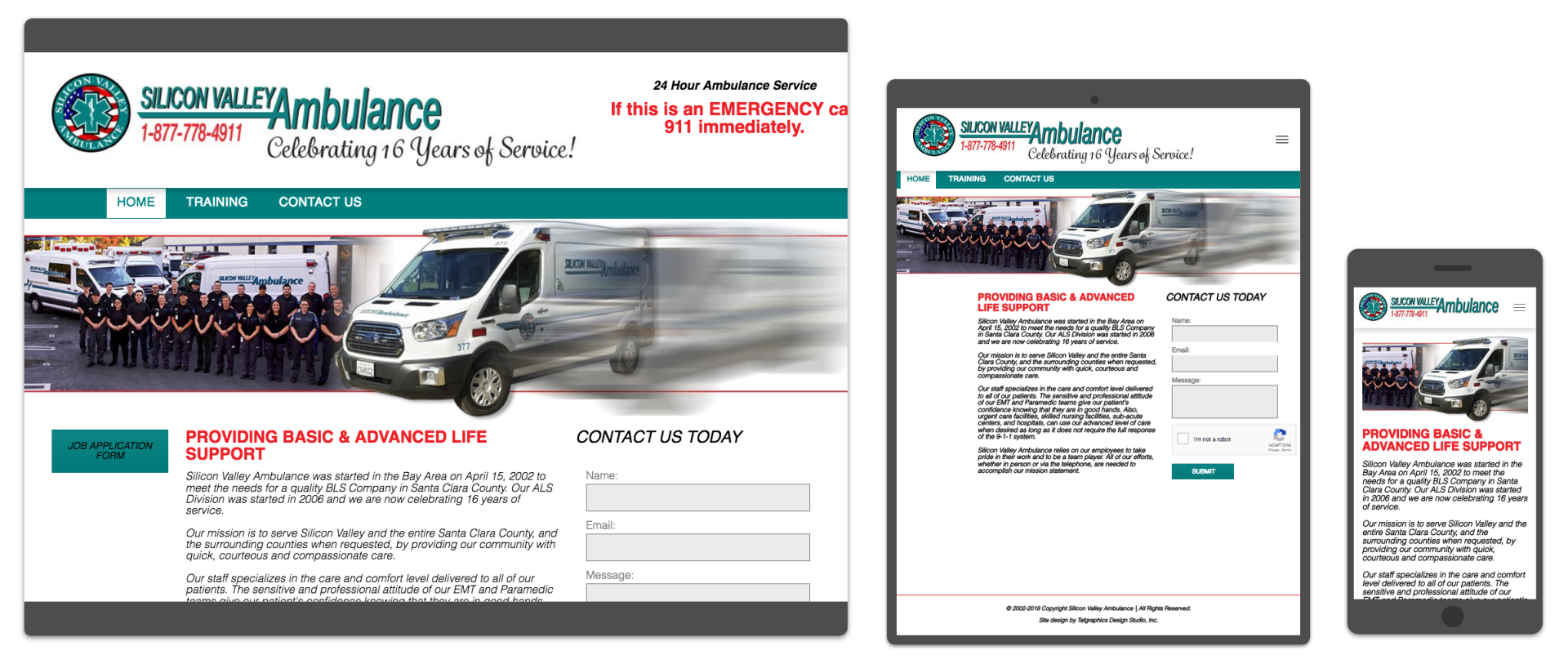 A website for an ambulance company is displayed on three different devices.