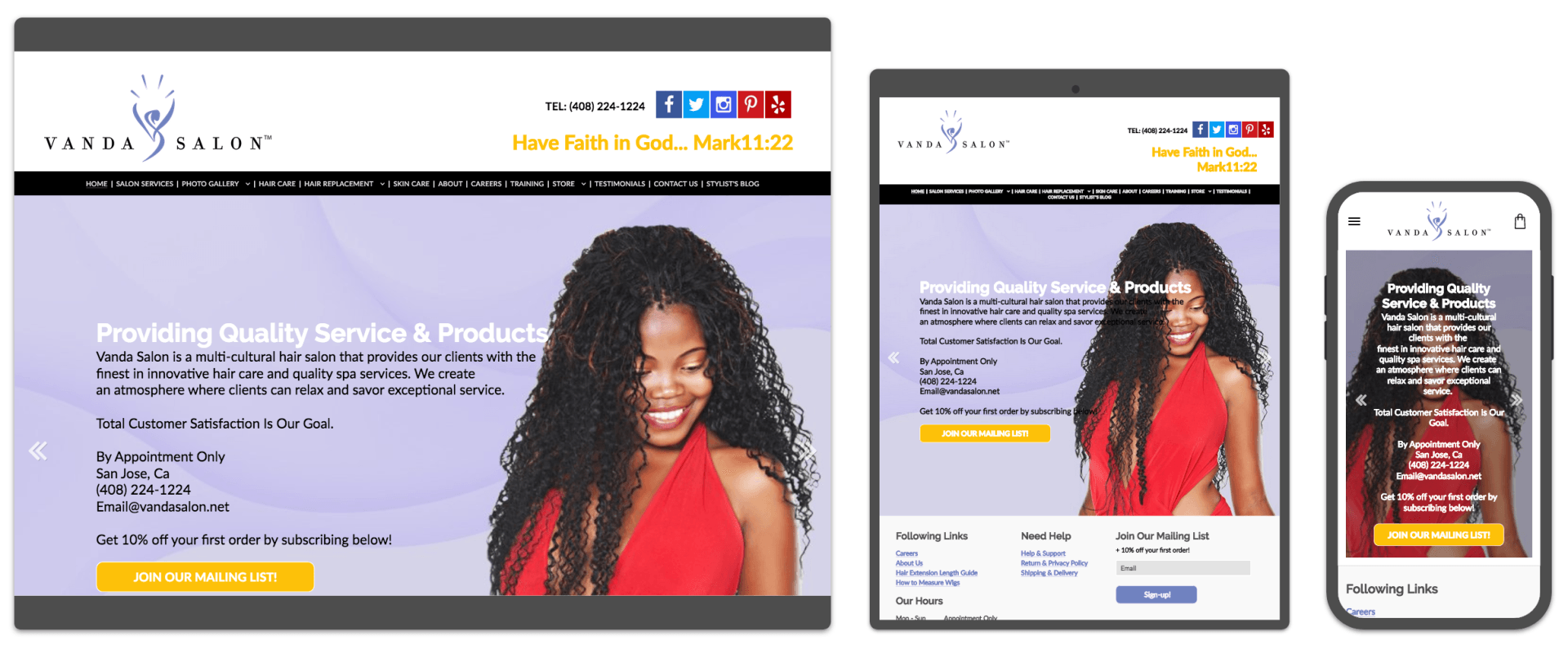 A woman in a red dress is on a website on a tablet and phone.