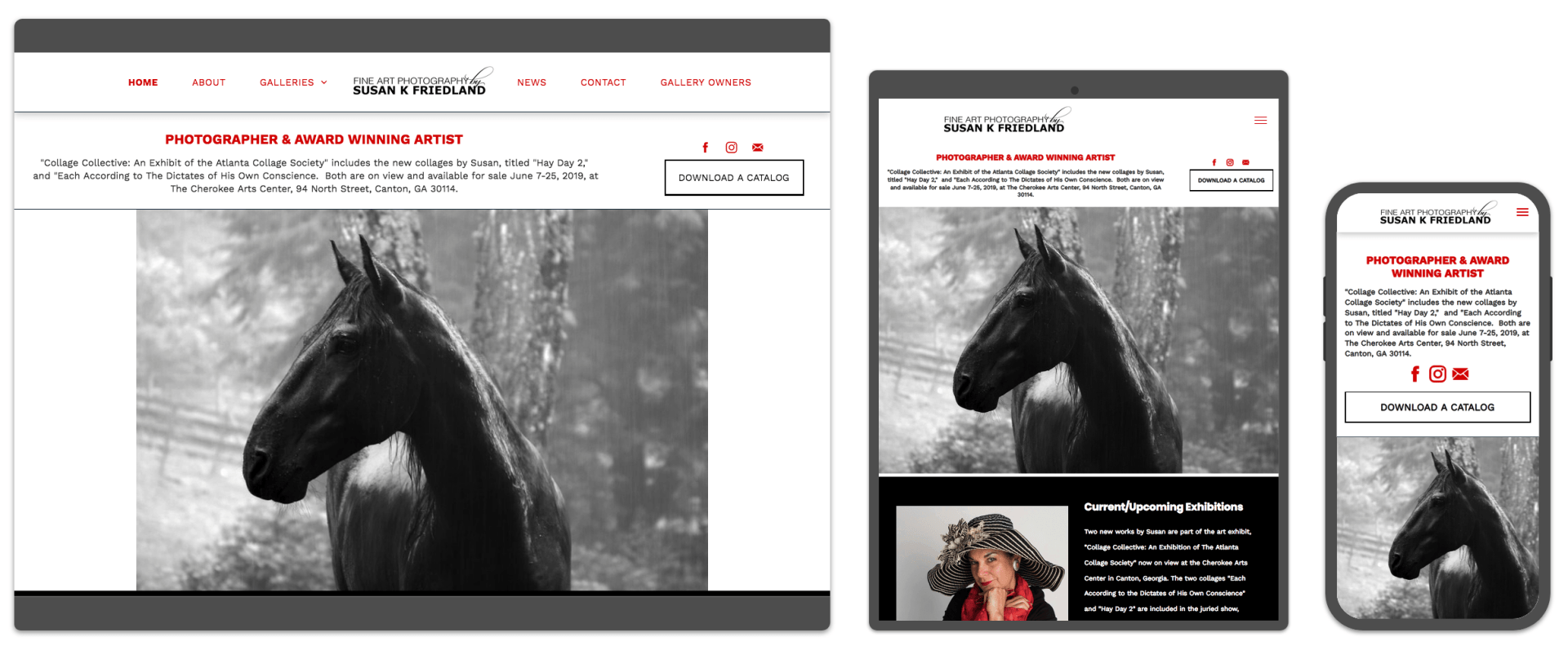 A black horse is on a website on a tablet and phone.