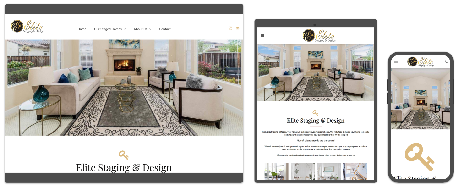 A living room is shown on a tablet , phone , and computer screen.