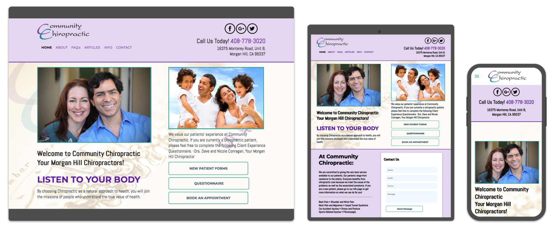 A brochure with a picture of a man and woman on it is displayed on a tablet , phone , and computer.