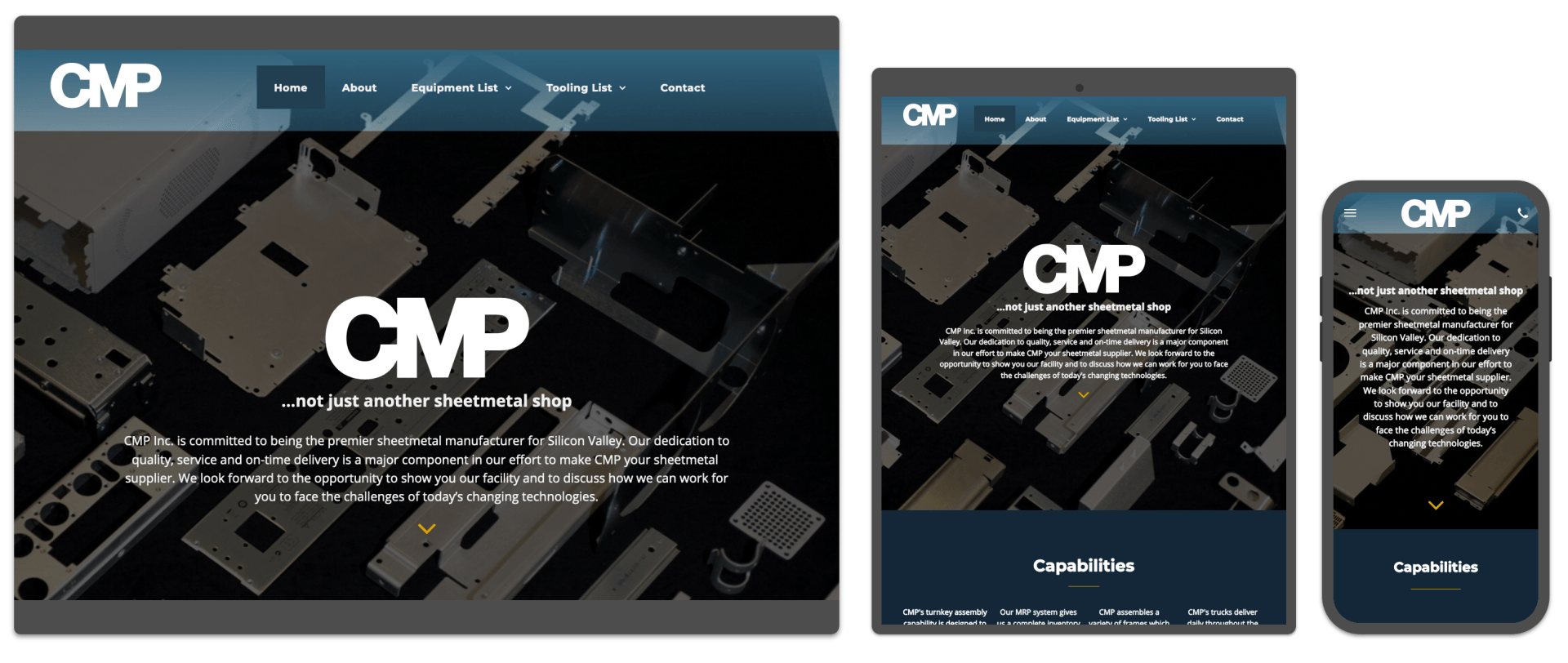 A cmp website is displayed on a tablet , phone , and computer screen.