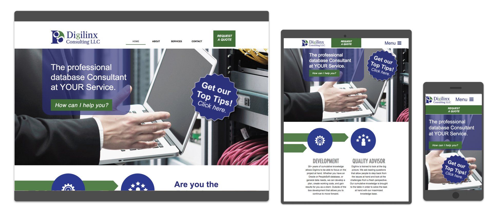 A man in a suit is using a laptop on a tablet and phone.