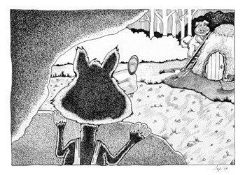 A black and white drawing of a wolf standing next to a child.