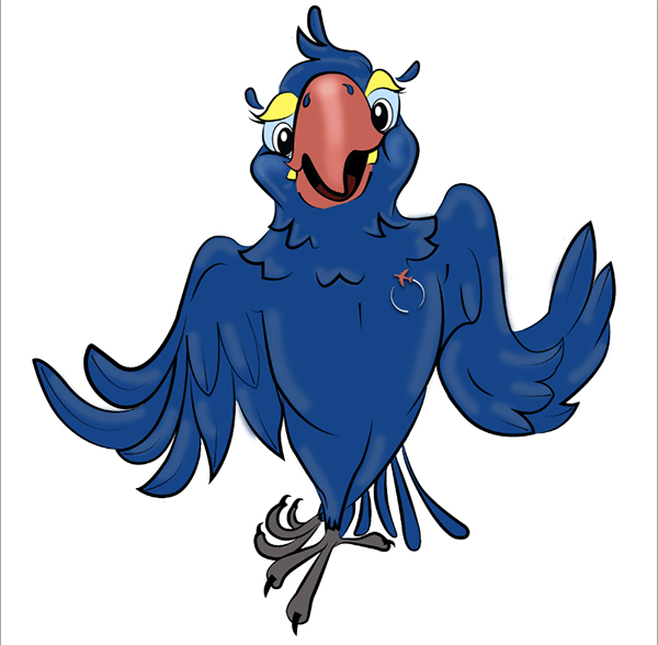 A cartoon drawing of a blue parrot with a red beak