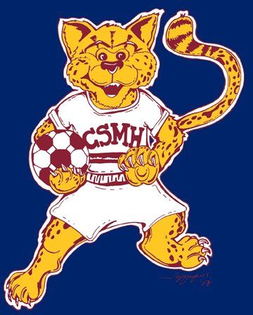 A cheetah is holding a soccer ball and wearing a shirt that says csmhs