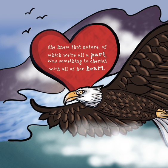 A bald eagle with a red heart in its beak