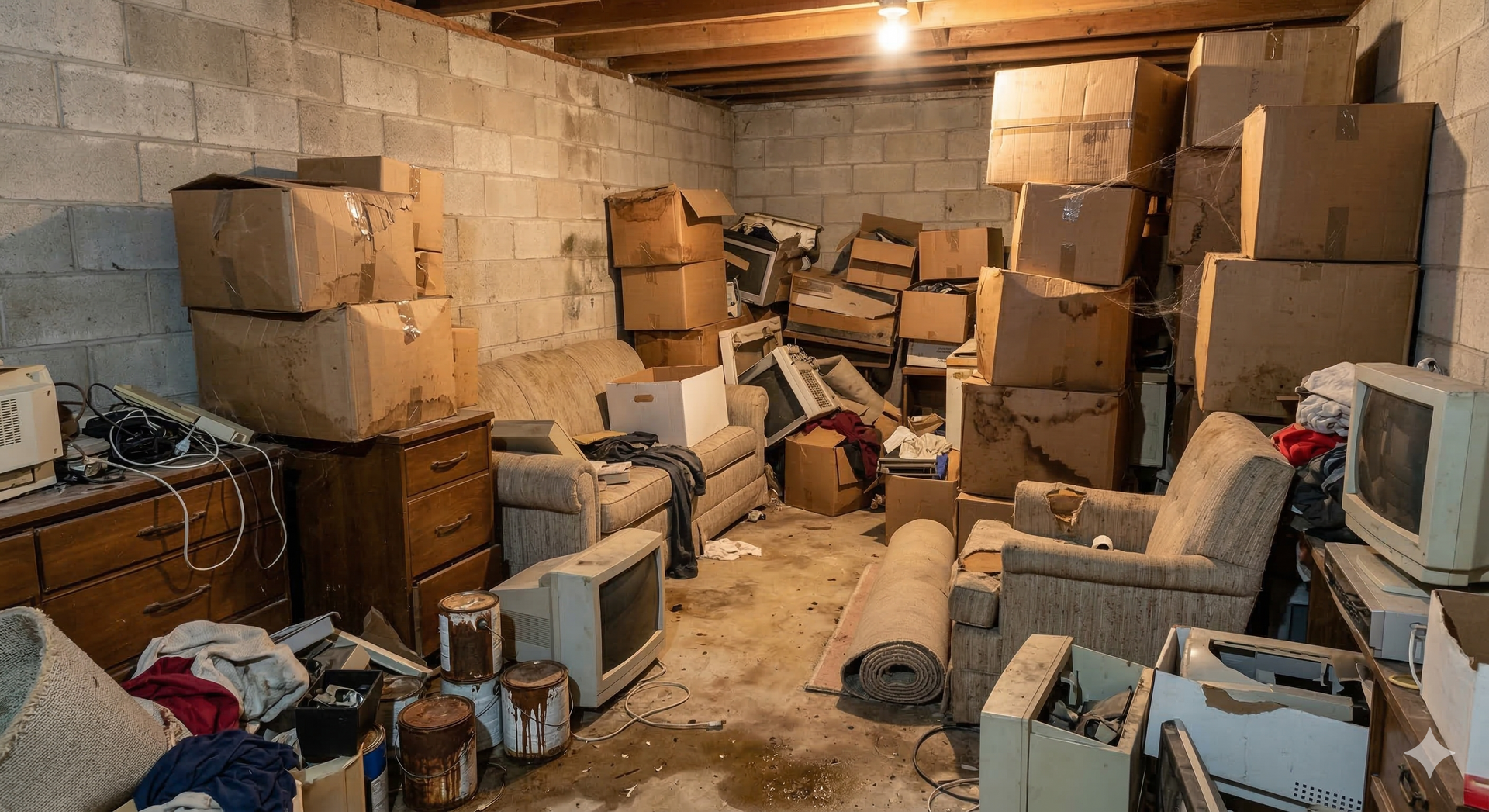 A cluttered unfinished basement with exposed wood beams, concrete block walls, cardboard boxes, old furniture, and a TV.