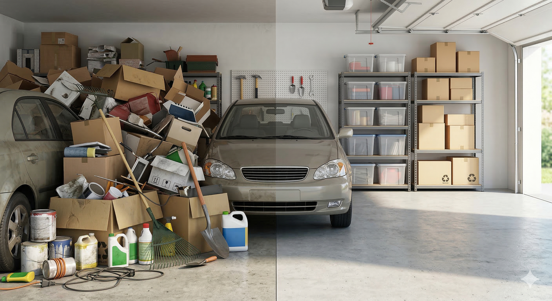 A split-screen comparison of a messy garage filled with cardboard boxes and clutter versus an organized, clean garage.