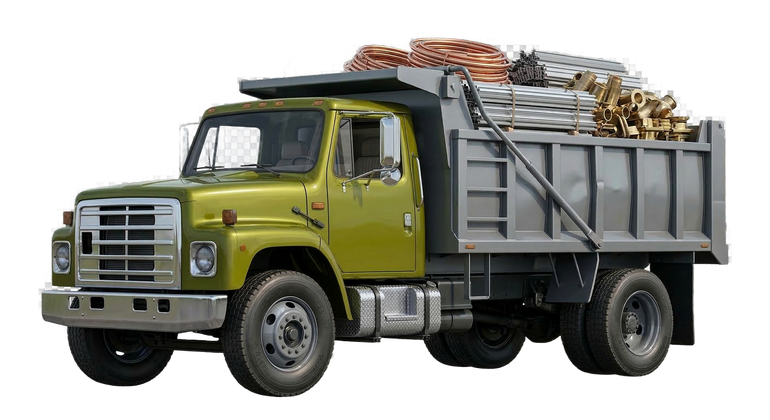 A lime-green dump truck filled with scrap metal against a white background.