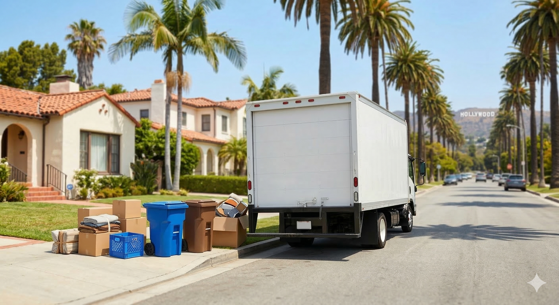 A white moving truck parked on a residential street next to boxes and trash bins, with palm trees and houses nearby.