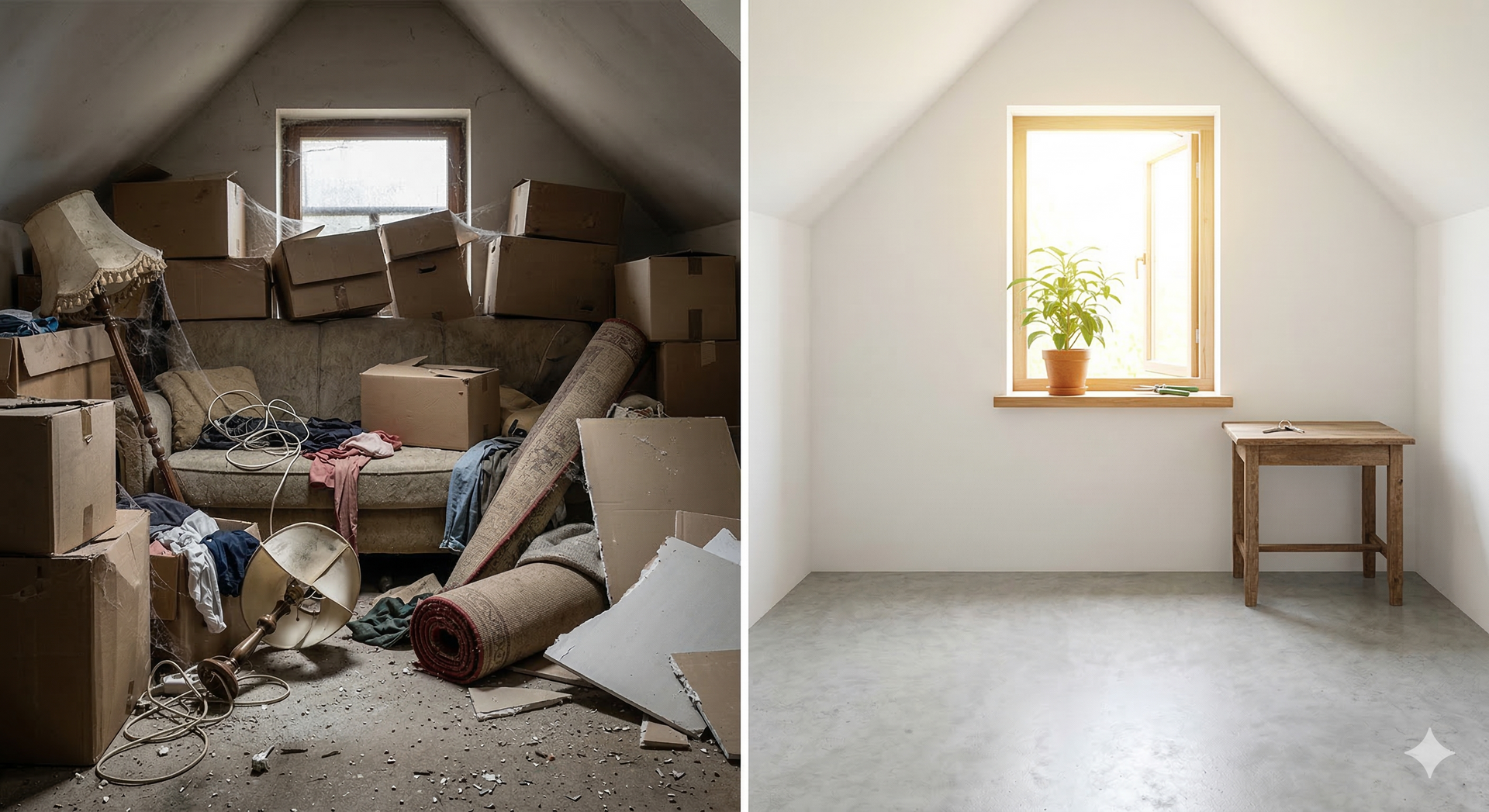 Split view showing a cluttered, storage-filled attic on the left and the same space clean and renovated on the right.