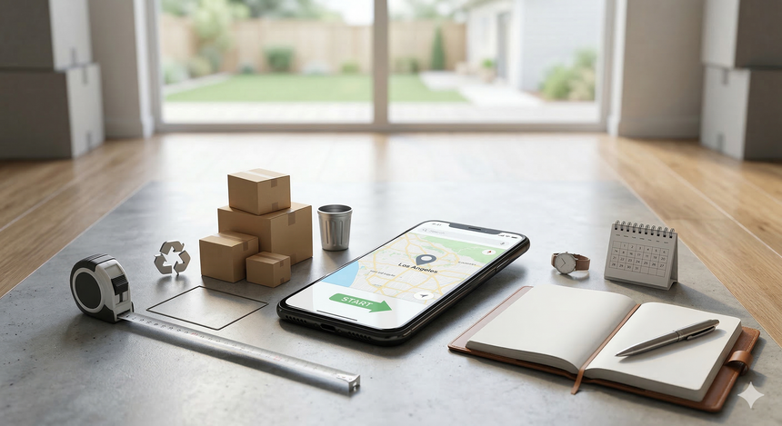 A tape measure, boxes, a map on a smartphone, a notebook, and a pen arranged on a floor, suggesting moving preparations.