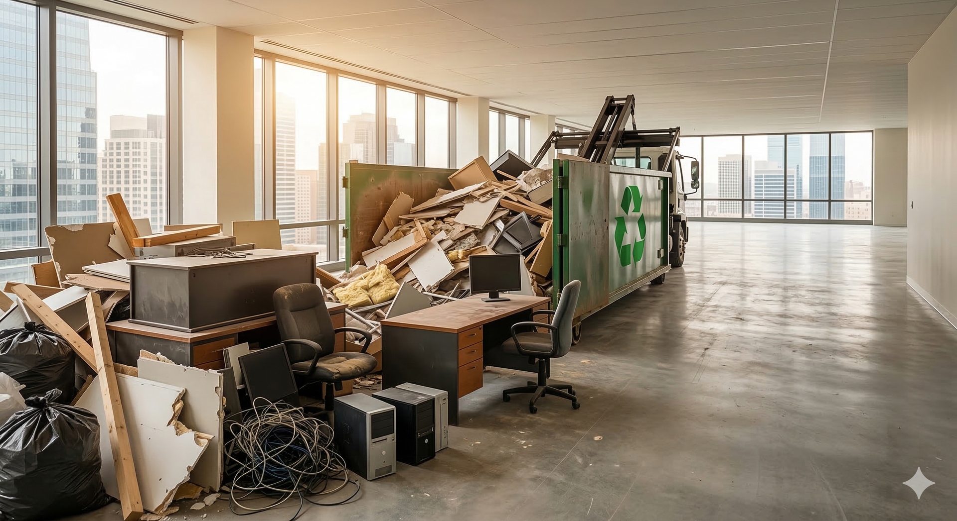 A dumpster filled with office debris and old furniture sits inside a modern, empty office space during a renovation.