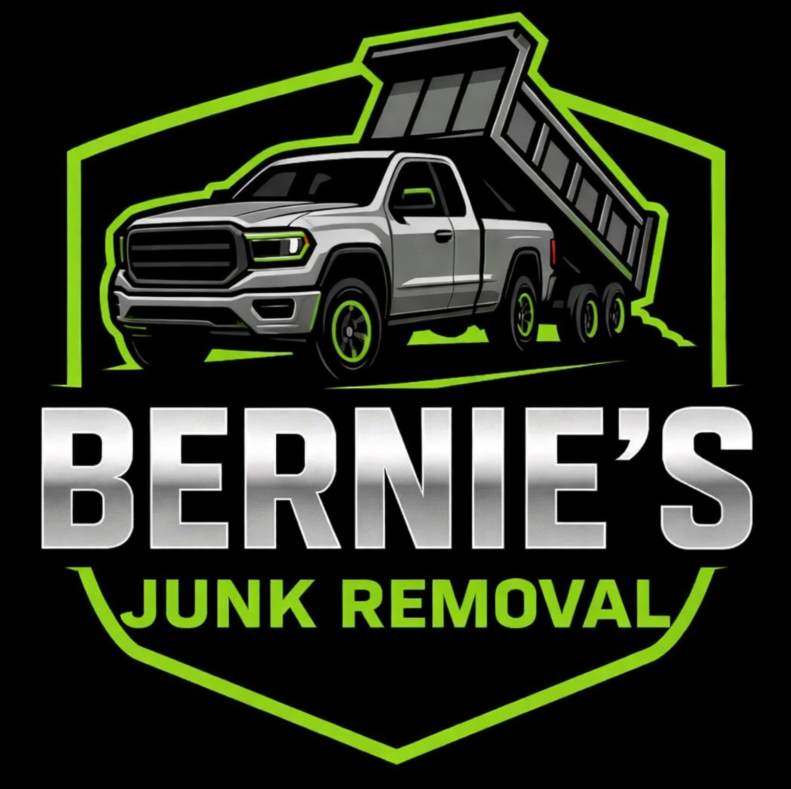A logo for Bernie’s Junk Removal featuring a silver dump truck inside a green shield outline on a black background.