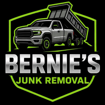 Logo for Bernie’s Junk Removal featuring a silver pickup truck pulling a dump trailer inside a neon green shield outline.