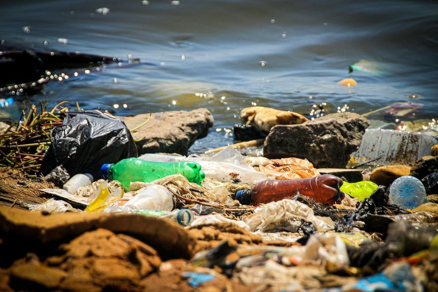 A shoreline littered with plastic bottles, trash, and a black plastic bag against dark, rippling water.