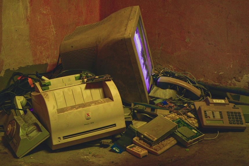 A pile of old, dusty electronic waste, including a CRT monitor, printer, and landline phones, resting in a dim room.