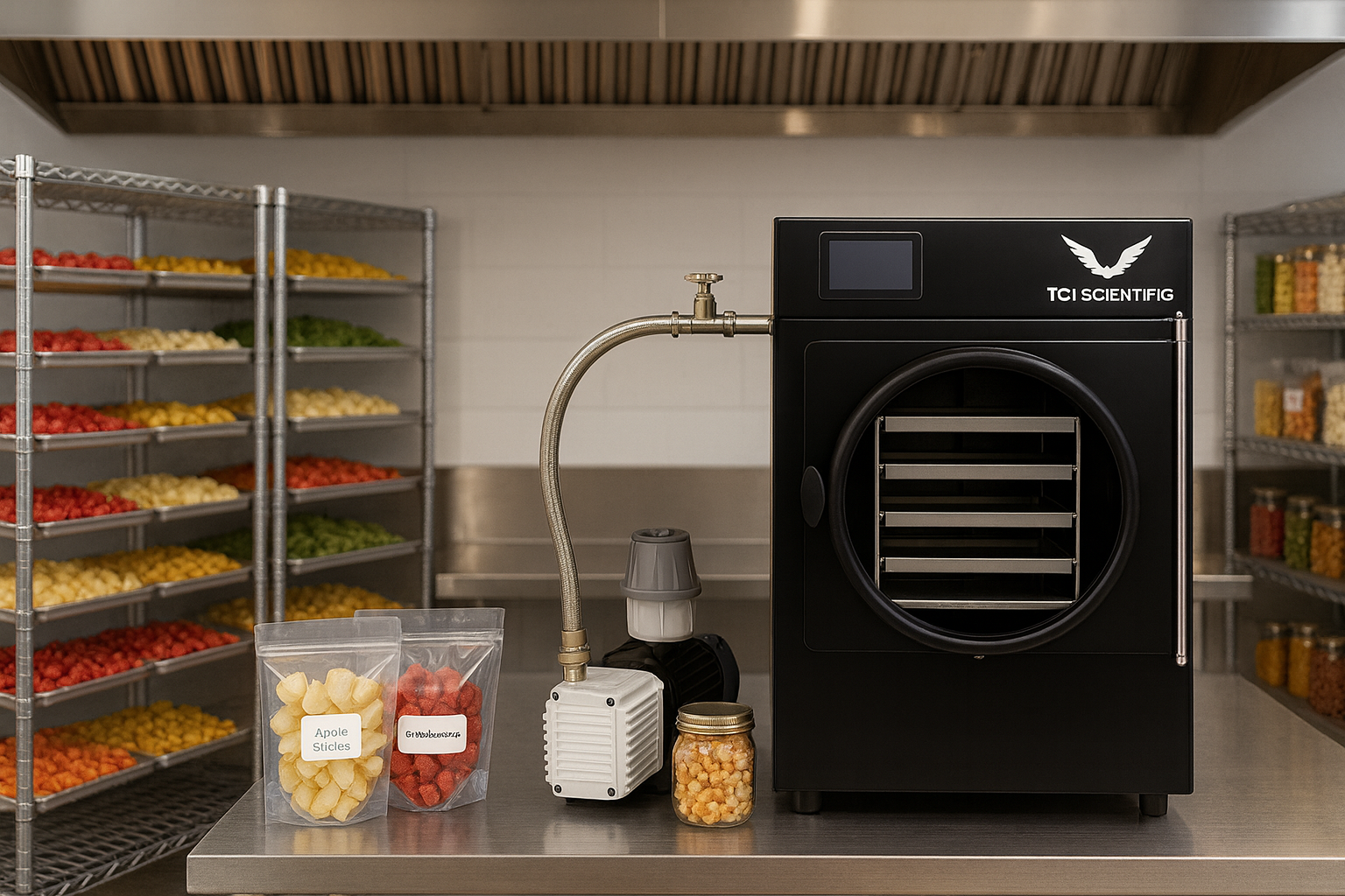 Black freeze dryer with shelves of colorful food, in a commercial kitchen setting.