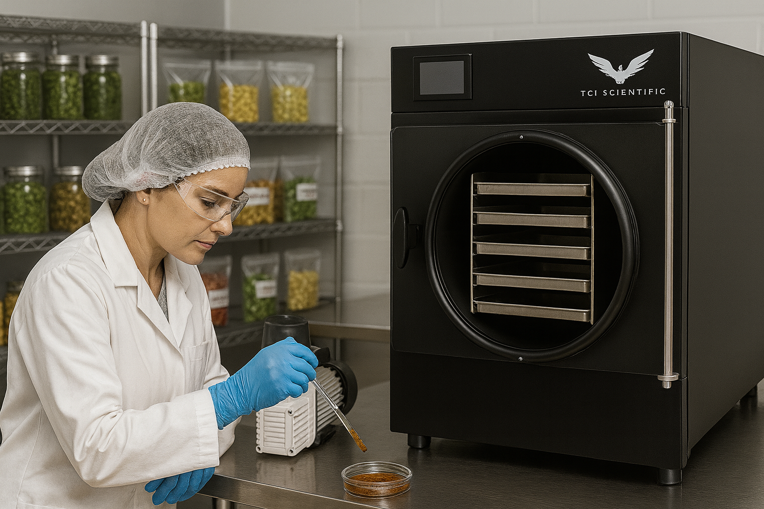 Woman in lab coat and gloves working with a sample by a freeze dryer.