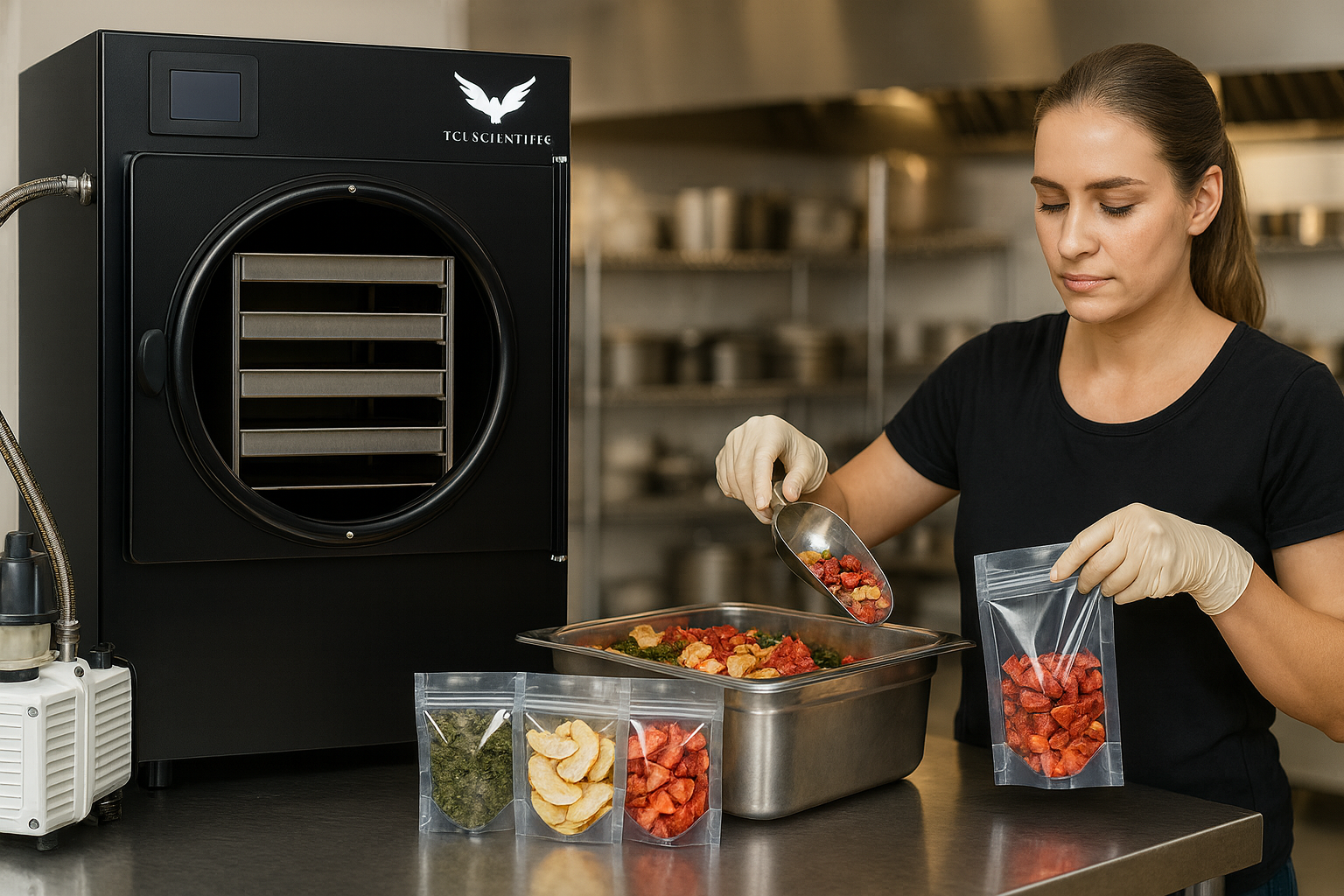 Woman filling a bag with freeze-dried food next to a black freeze dryer in a kitchen.