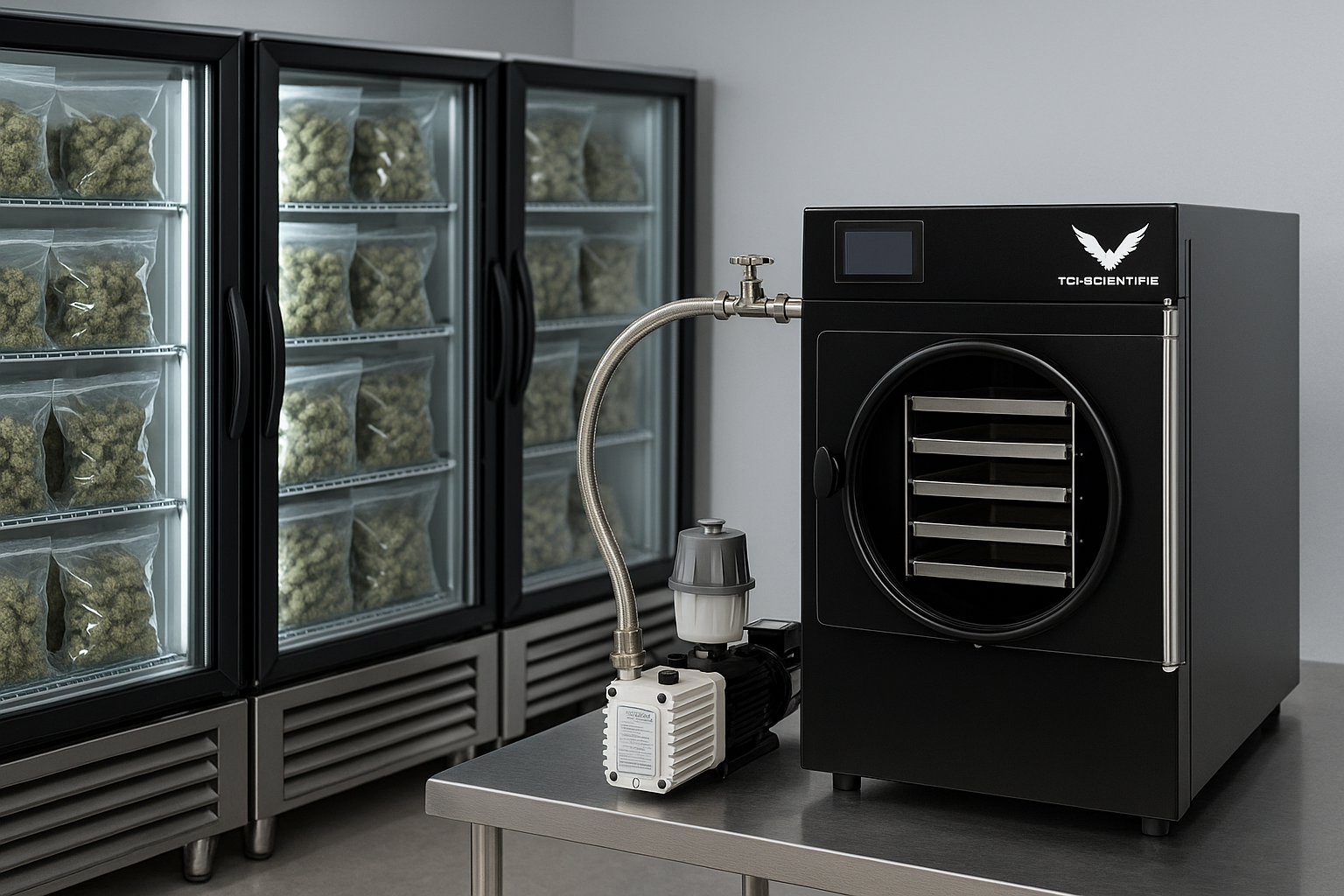 Freeze dryer with vacuum pump, used for processing packaged plant matter near storage freezers in a lab.
