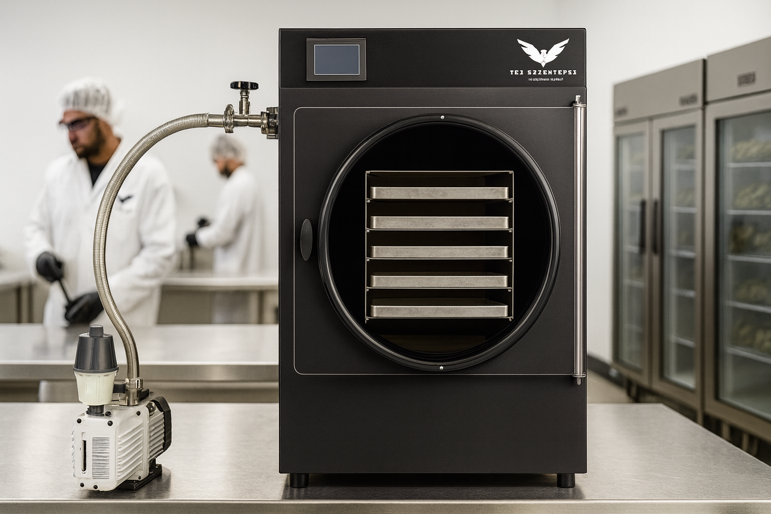 Black freeze dryer with attached pump, in lab setting; two workers in background.