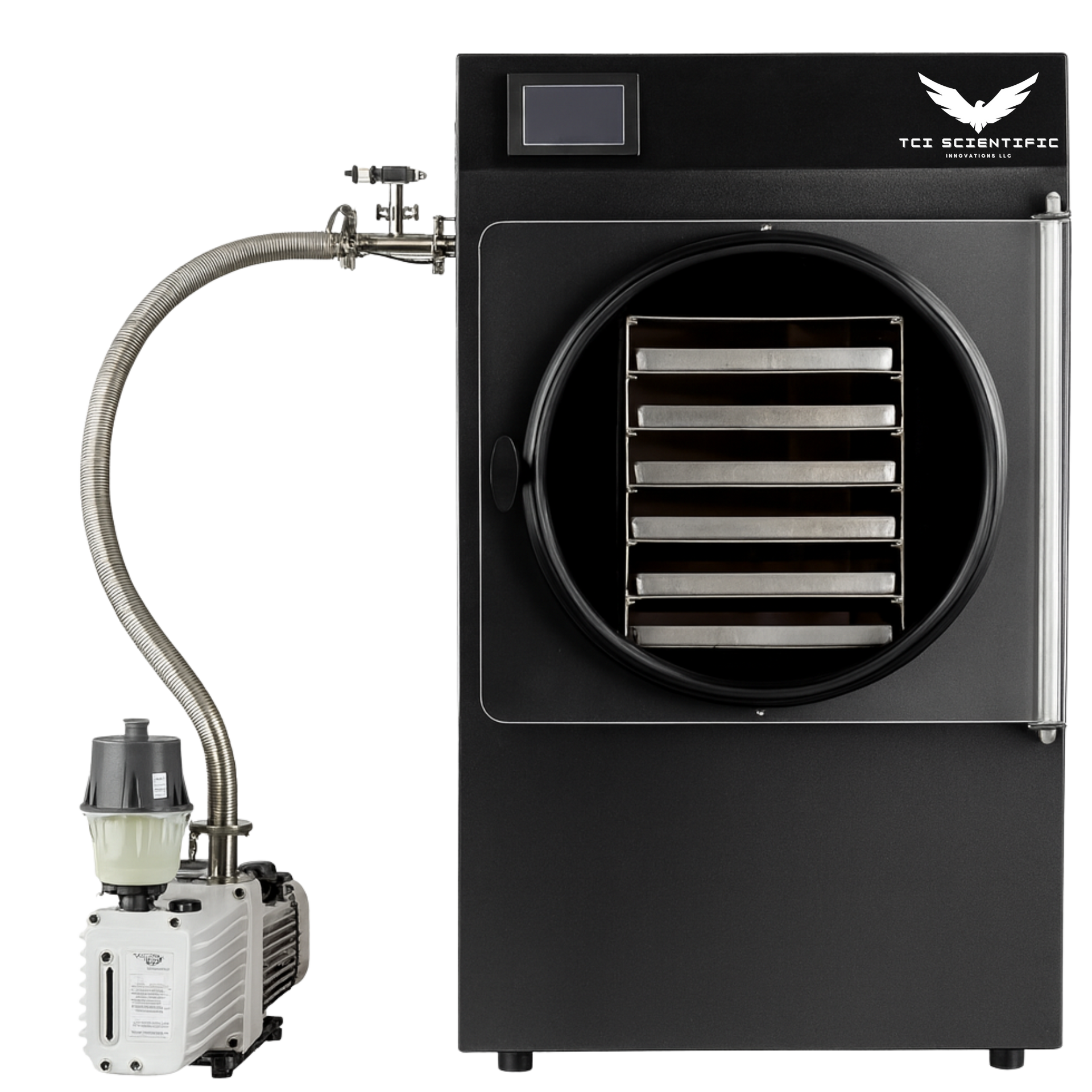 Black freeze dryer with attached vacuum pump and trays inside.