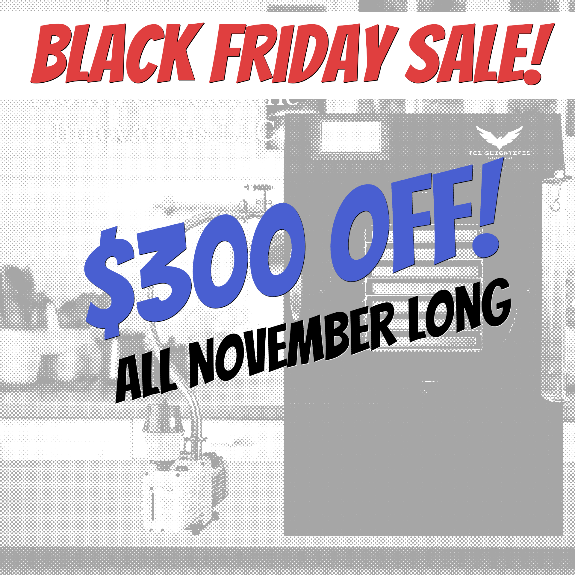 Black freeze dryer on a kitchen counter, with a vacuum pump attached.