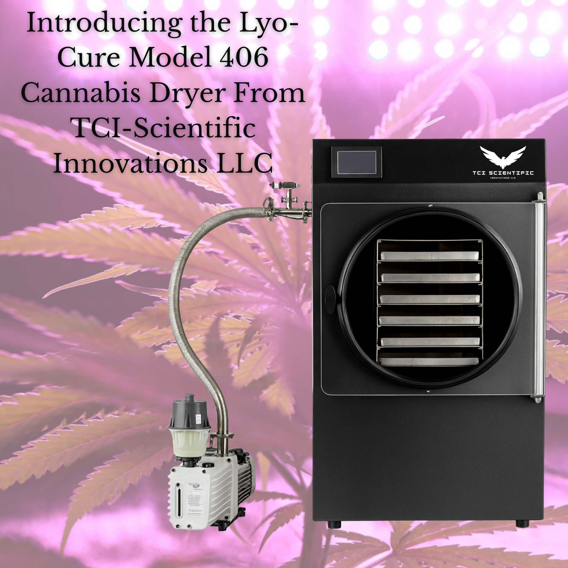 Black cannabis freeze dryer with a vacuum pump.