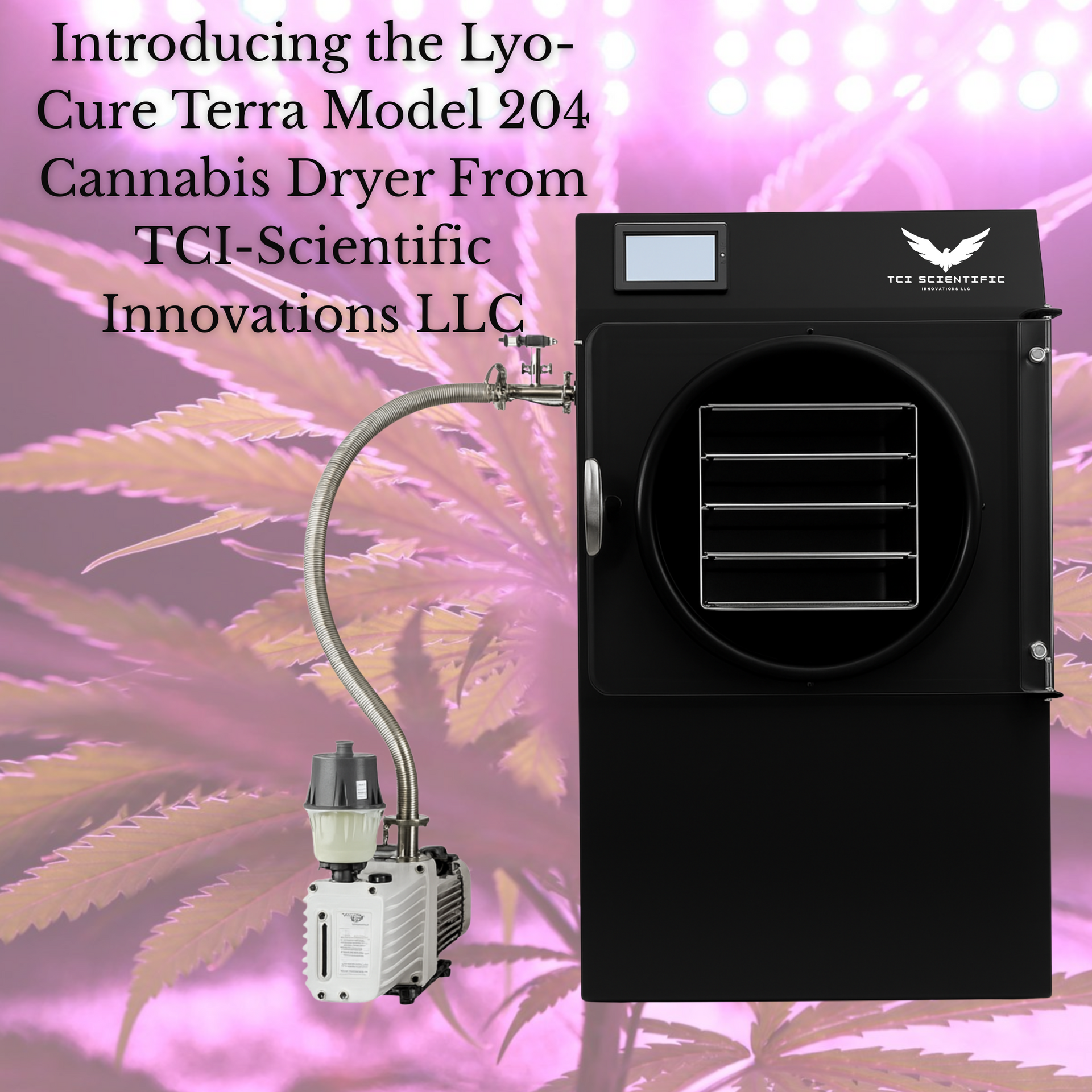 Black cannabis dryer, Lyo-Cure Terra Model 204, from TCI-Scientific Innovations LLC, with a pump connected.