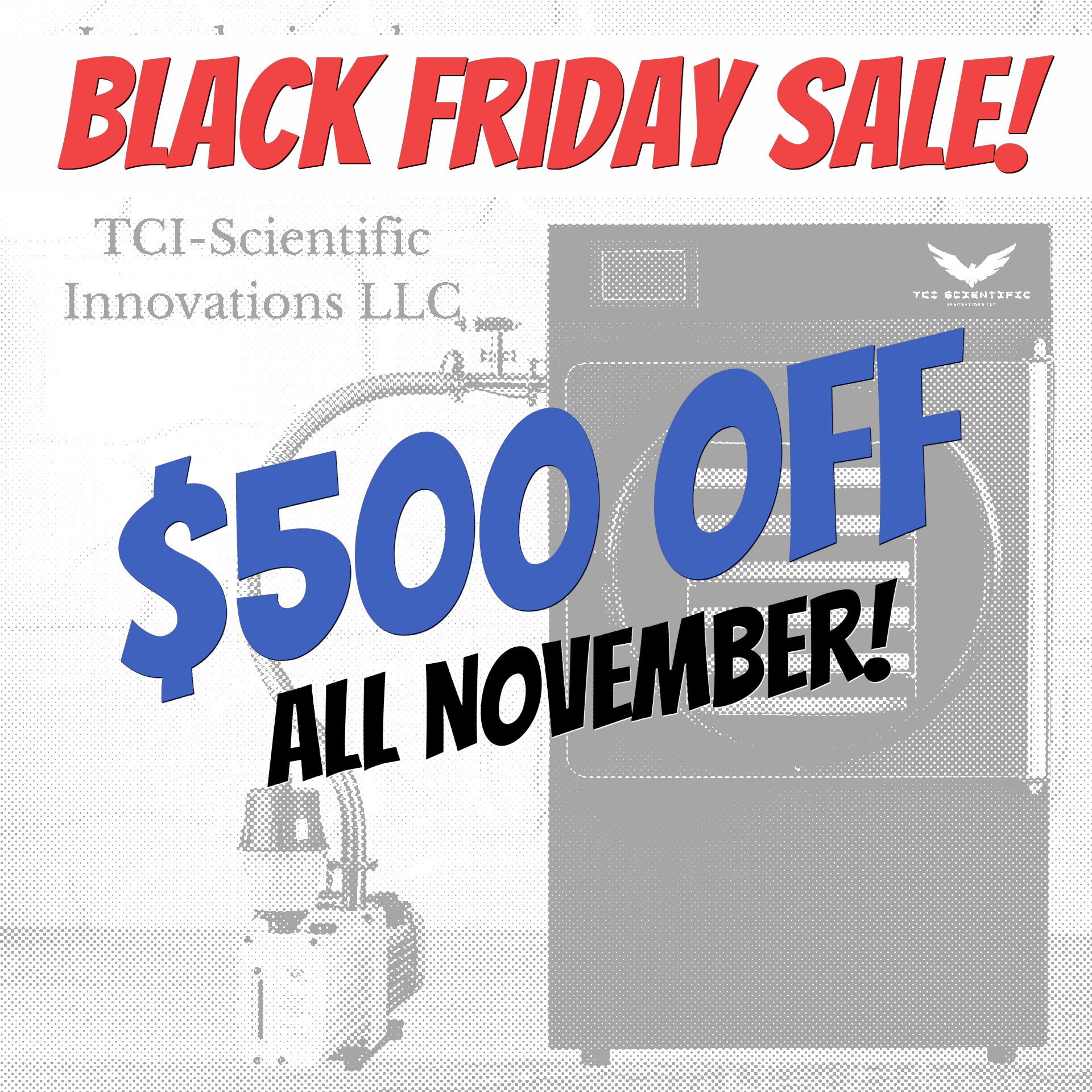Black Lyo-Cure Atlas Model 406 freeze dryer with connected vacuum pump. Text: TCI-Scientific Innovations LLC.