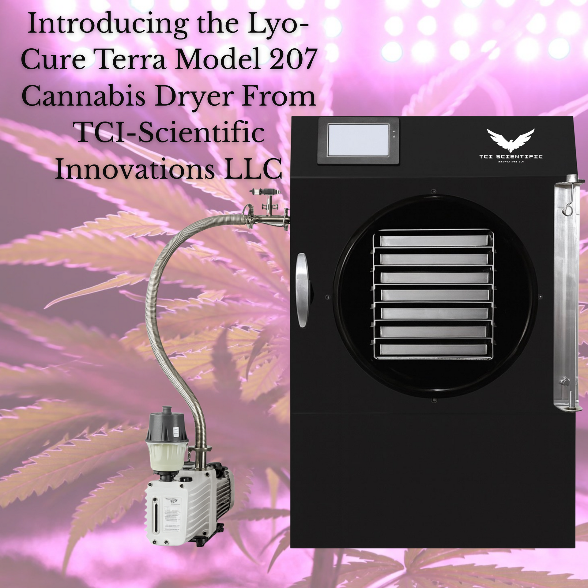 Black cannabis dryer with vacuum pump, advertised by TCI-Scientific Innovations.