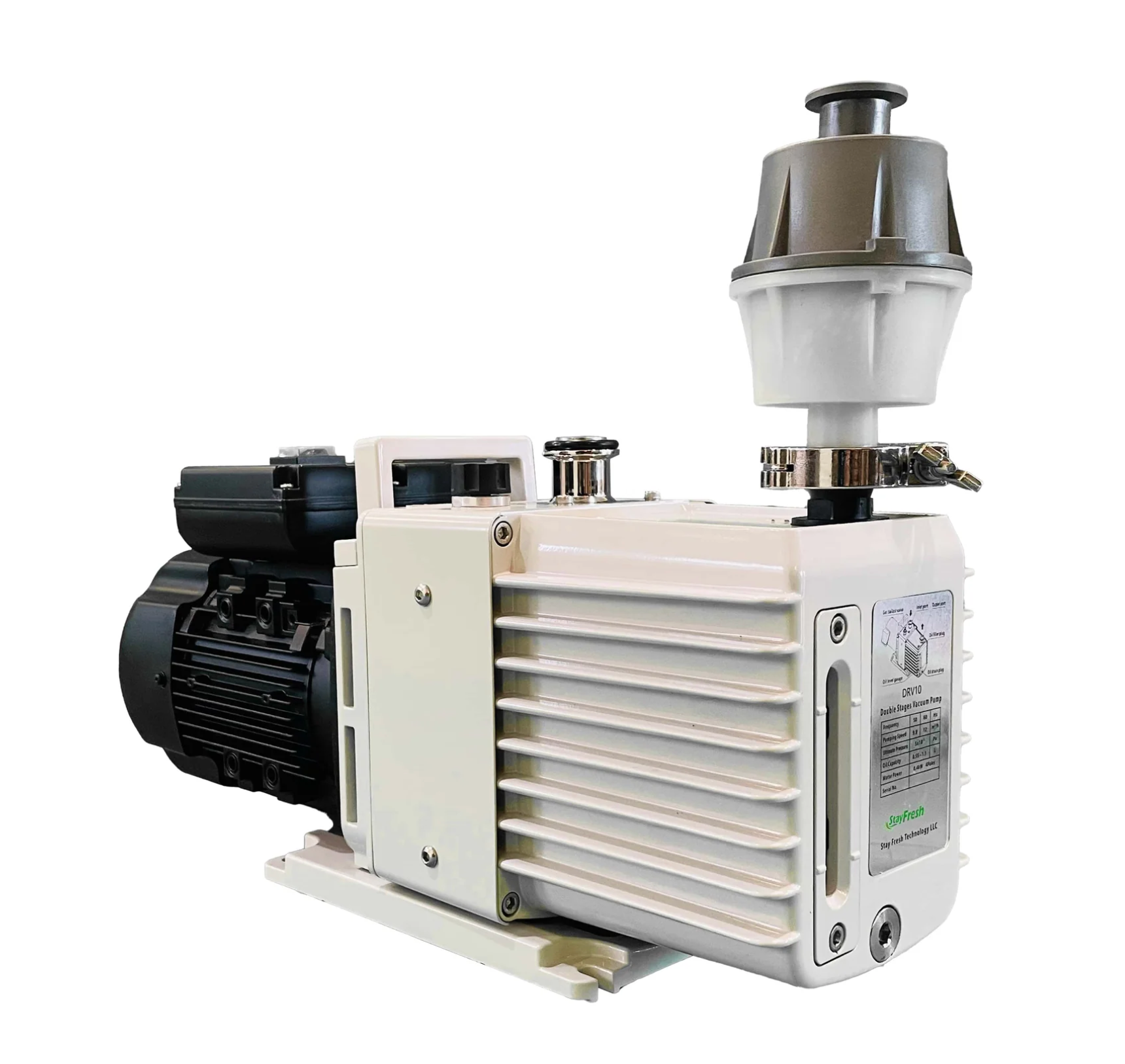 White vacuum pump with black motor, connected to a filtration unit, on a white surface.