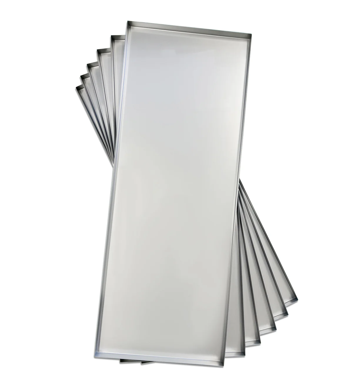 Rectangular mirrors with silver frames, fanned out, stacked against a white background.