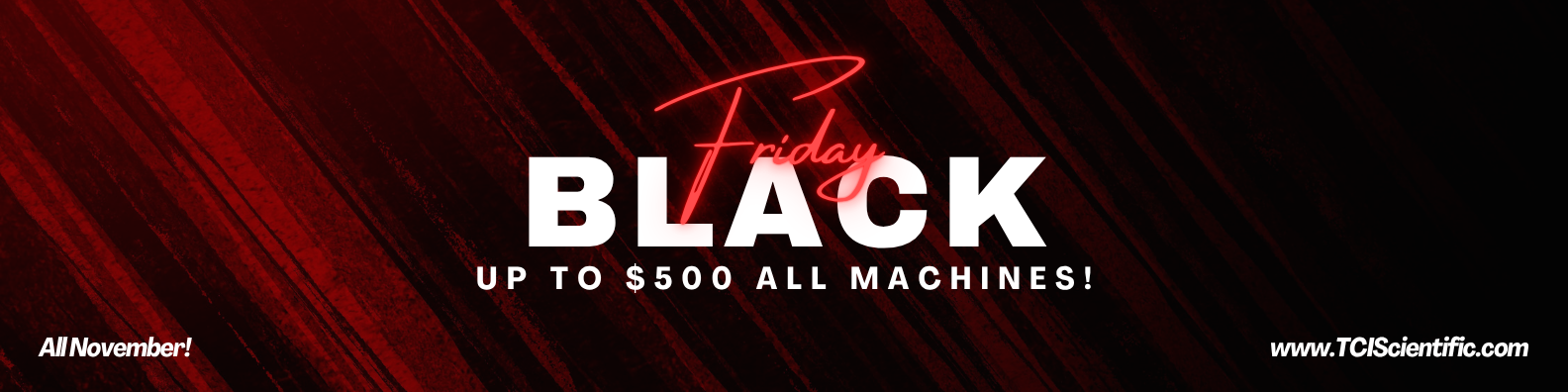 Black Friday promotion, red and black background. Text reads