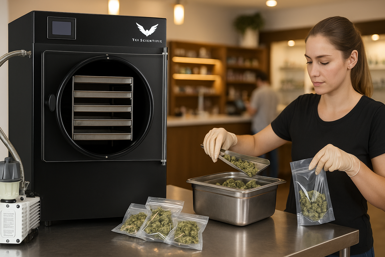 Woman packaging cannabis buds next to a black freeze dryer in a dispensary.