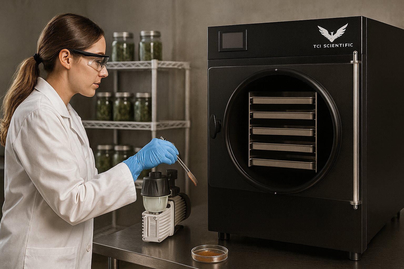 Woman in lab coat works with a freeze dryer. She wears gloves and goggles. Jars line a shelf.